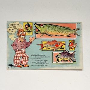 Vtg 1943 Curt Teich- Chicago Postcard "C T Art Colortone" Cartoon Man & Fish